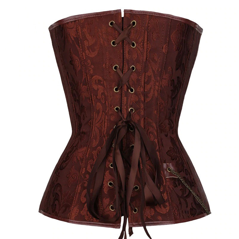 Gothic-style boned corset in rich brown fabric, featuring intricate lace-up detailing and elegant ribbon ties.