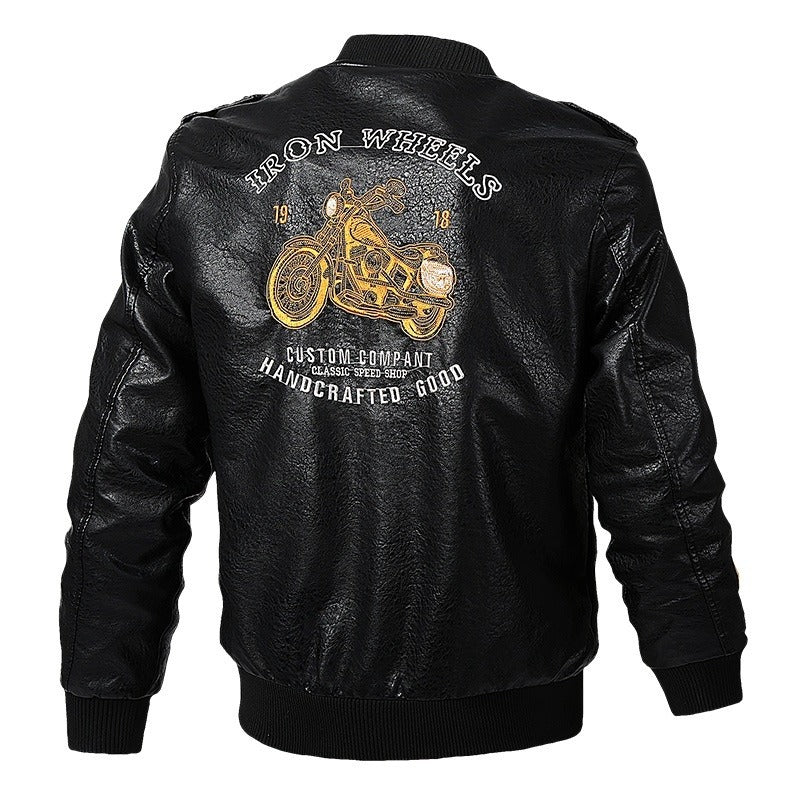 Men's faux leather biker jacket featuring 'Iron Wheels' print and motorcycle design, perfect for a rock style look.