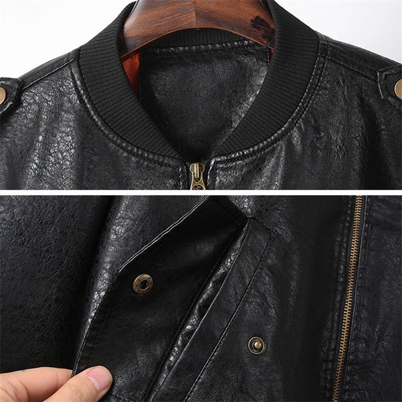 Close-up of a black faux leather biker jacket showing the collar, buttons, and interior zippers for a stylish rock look.