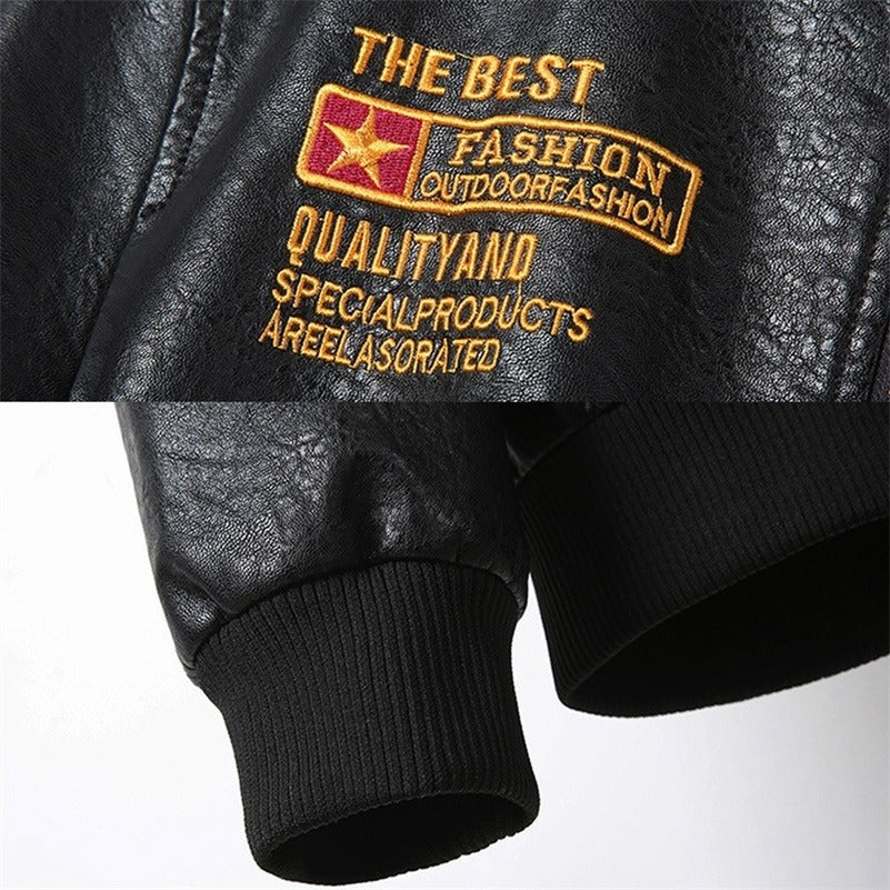 Close-up of embroidered patches on black faux leather biker jacket, showcasing stylish text and ribbed cuffs.