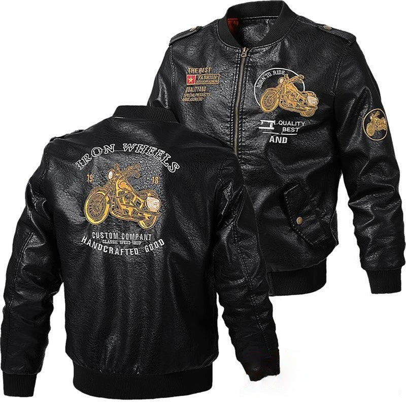 Stylish faux leather biker jacket with motorcycle prints and patches for men, perfect for rock-inspired outfits.