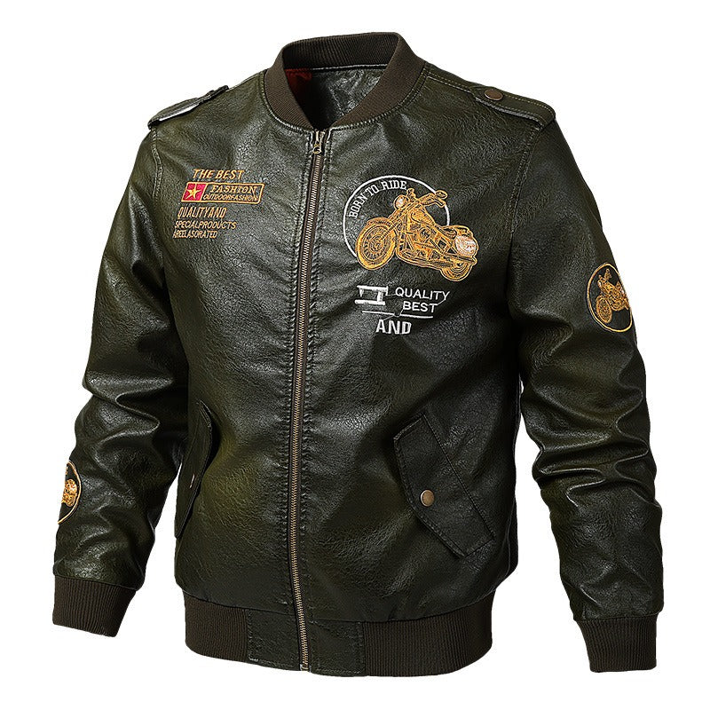 Men's Born to Ride printed faux leather biker jacket with patches in rock style, perfect for any edgy outfit.