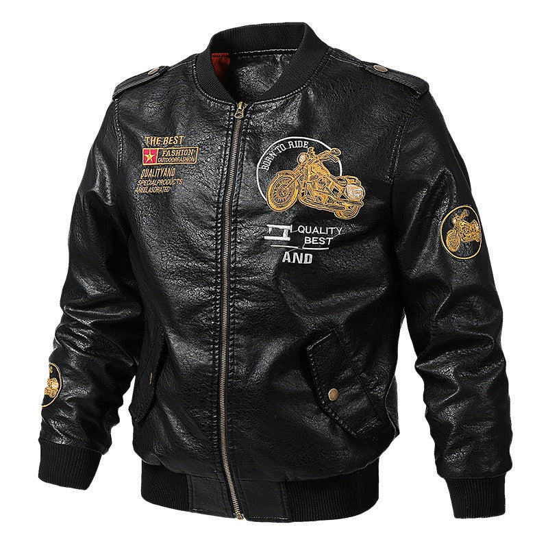 Born to Ride printed faux leather biker jacket for men, featuring patches and zippers in a rock style.