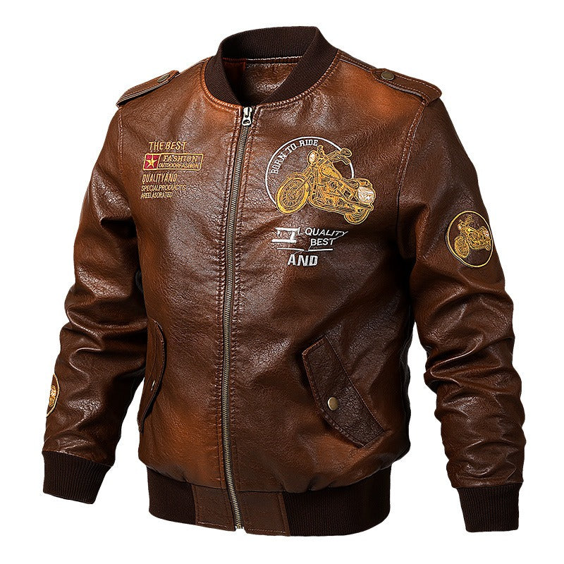 Born to Ride printed faux leather biker jacket for men with unique patches and zippers, perfect for rock style outfits.