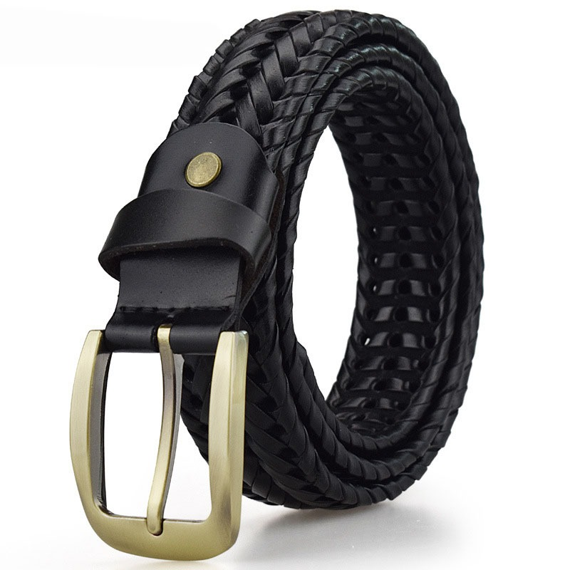 Stylish braided leather belt for men and women featuring a sleek metal buckle, perfect for casual outfits.
