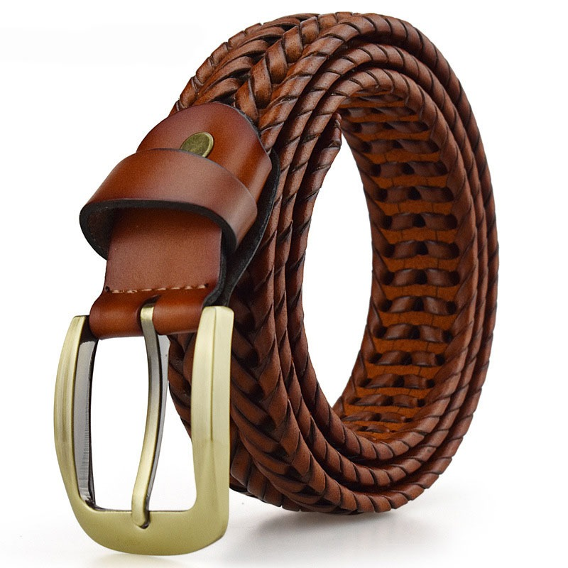 Braided leather belt for men and women with metal buckle, perfect for casual outfits and comfort.