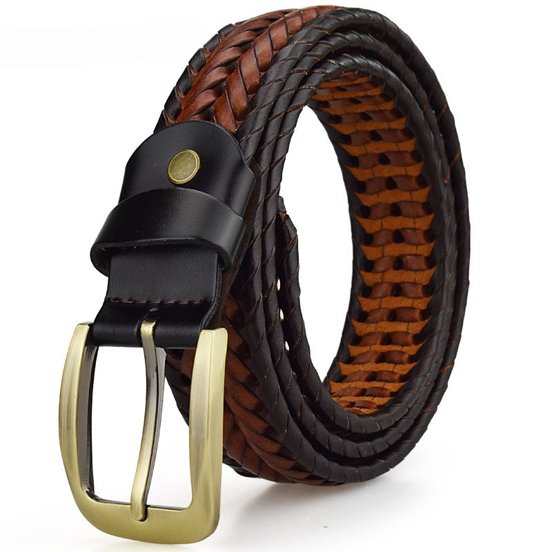 Braided leather belt for men and women with metal buckle, perfect for casual outfits and enhanced comfort.