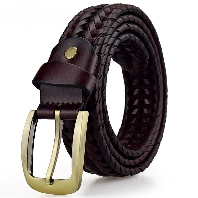 Braided leather belt with metal buckle in dark brown, perfect for casual outfits for men and women.
