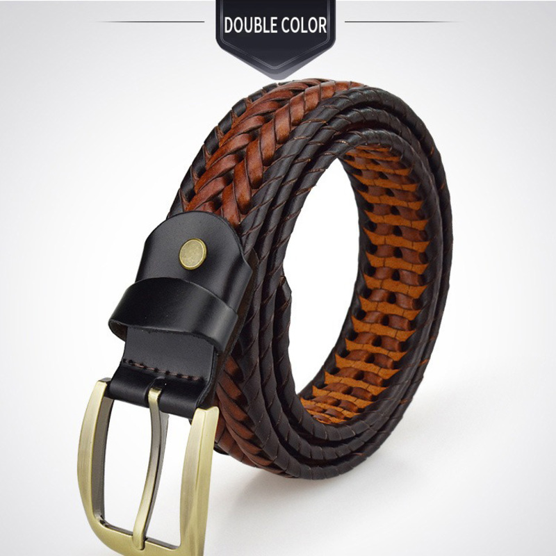 Braided leather belt in brown and black colors with a metal buckle, perfect for men and women for casual outfits.