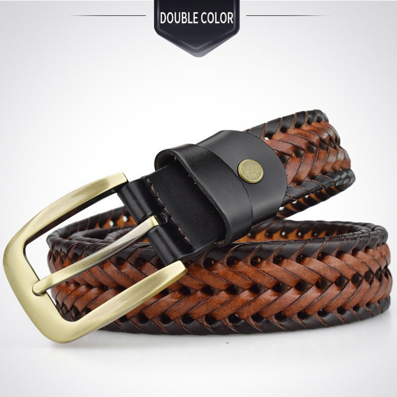 Braided belt for men and women, featuring a stylish metal buckle and genuine leather in double color.