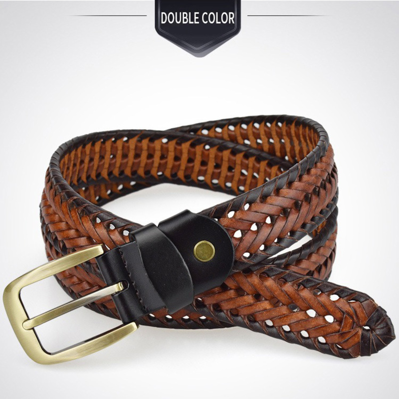 Braided leather belt for men and women with metal buckle, featuring a stylish double color design.