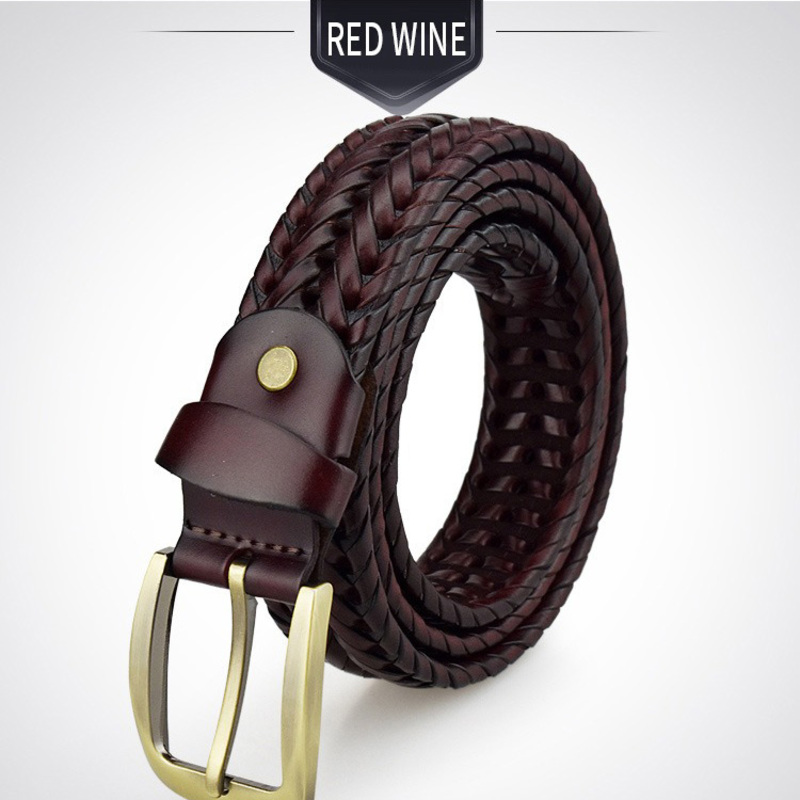 Red wine braided leather belt for men and women with metal buckle, perfect for stylish outfits and comfort.