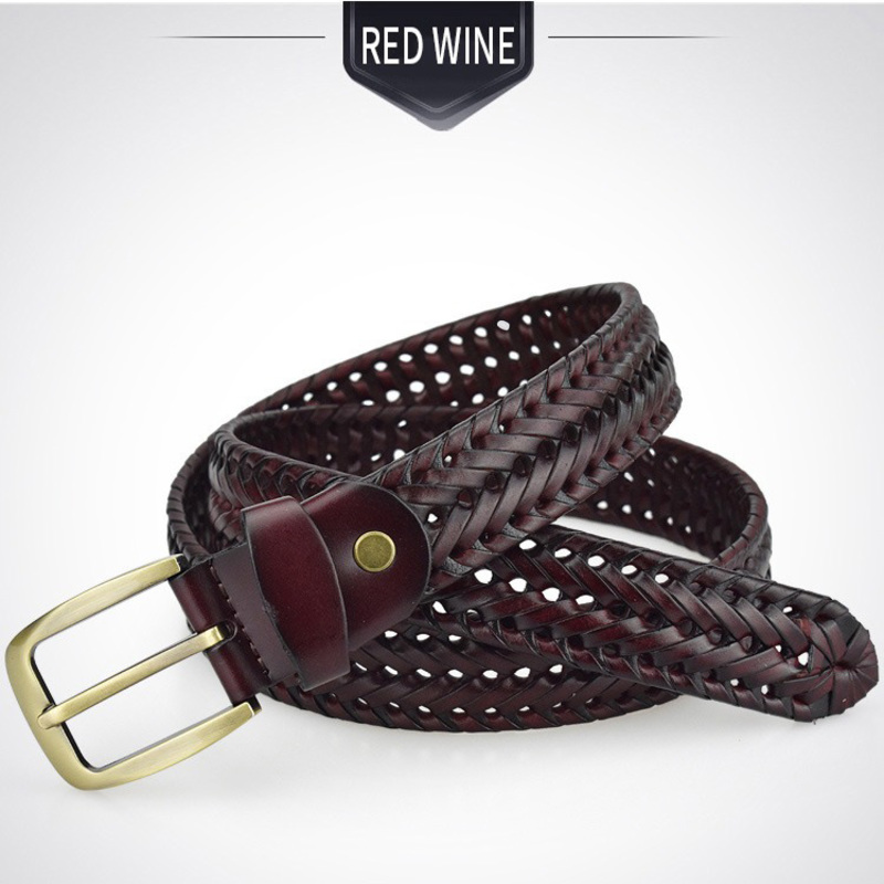 Braided leather belt in red wine color with metal buckle, perfect for casual outfits for men and women.