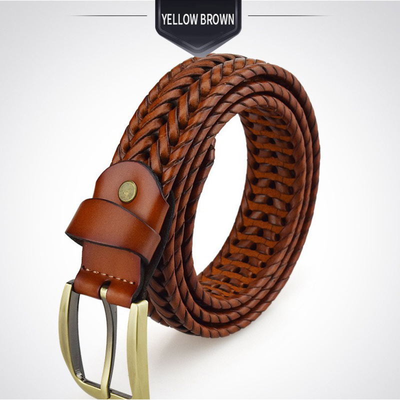 Braided leather belt in yellow brown color with metal buckle, suitable for men and women, perfect for casual outfits.