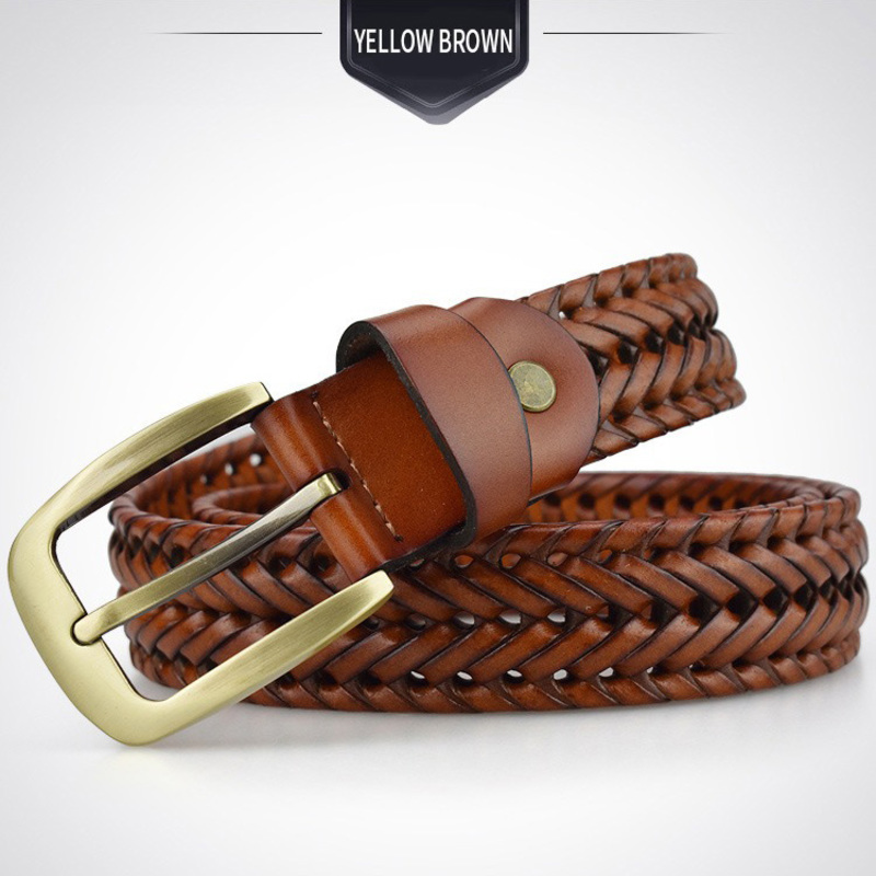 Braided leather belt for men and women in yellow brown with a metal buckle, perfect for casual outfits.