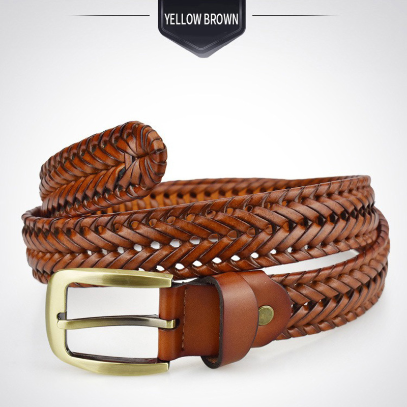 Braided leather belt for men and women in yellow brown with a stylish metal buckle, perfect for casual outfits.