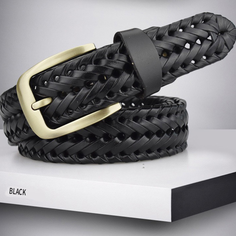 Braided black leather belt with gold metal buckle on display, perfect for casual outfits for men and women.