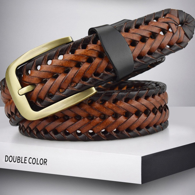 Braided leather belt for men and women with a stylish metal buckle, perfect for casual outfits and excellent quality.