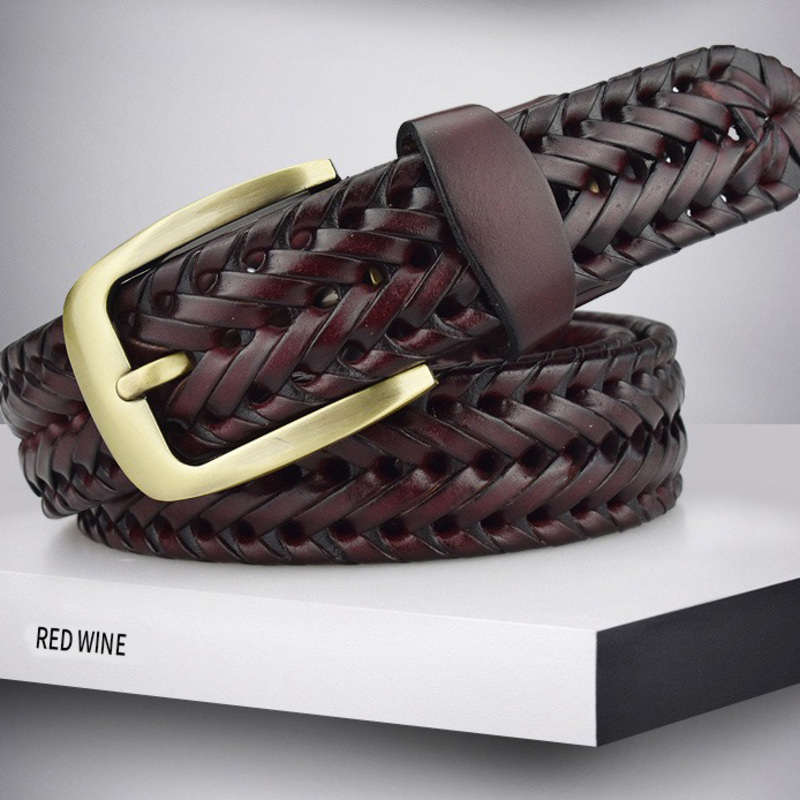 Braided leather belt for men and women in red wine color with a stylish metal buckle, perfect for casual outfits.