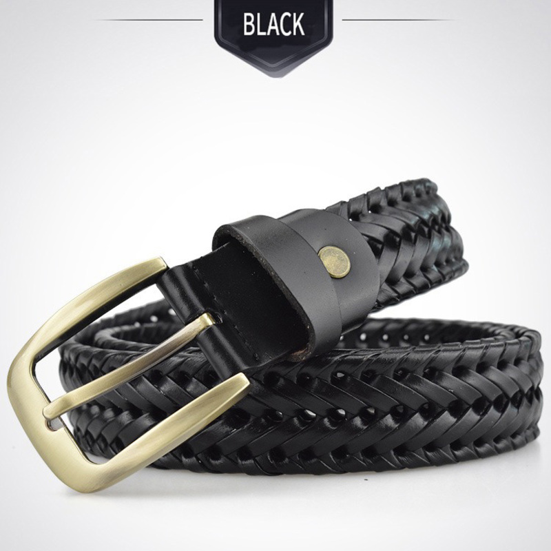 Black braided belt for men and women, made of genuine leather with a stylish metal buckle.