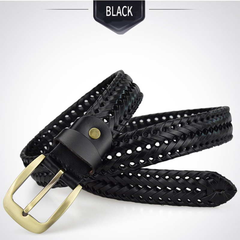 Black braided belt for men and women with metal buckle, made of genuine leather, stylish and versatile accessory.