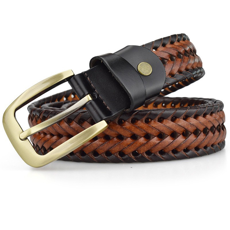 Braided leather belt for men and women with a stylish metal buckle, perfect for any casual outfit.