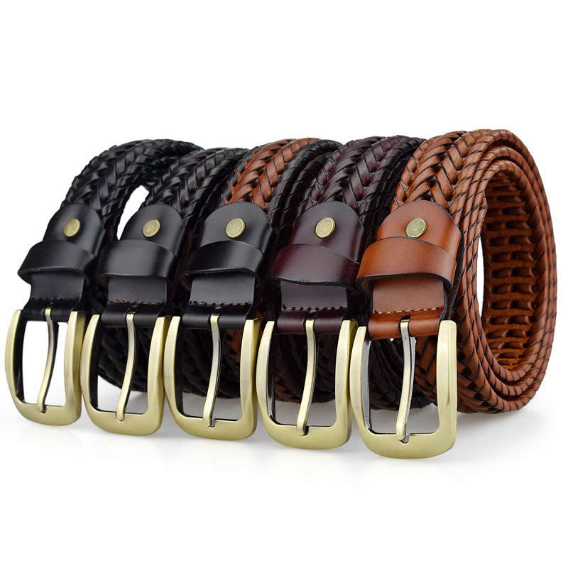 Selection of braided leather belts in black, brown, and tan with metal buckles, perfect for men and women.