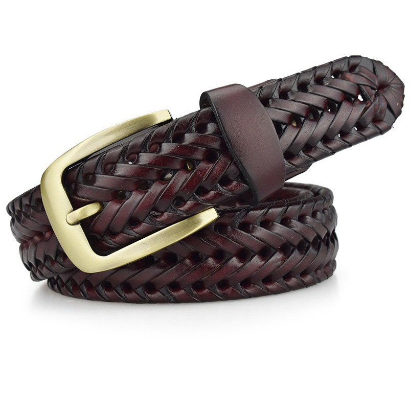 Braided leather belt for men and women, featuring a stylish metal buckle, perfect for casual outfits.