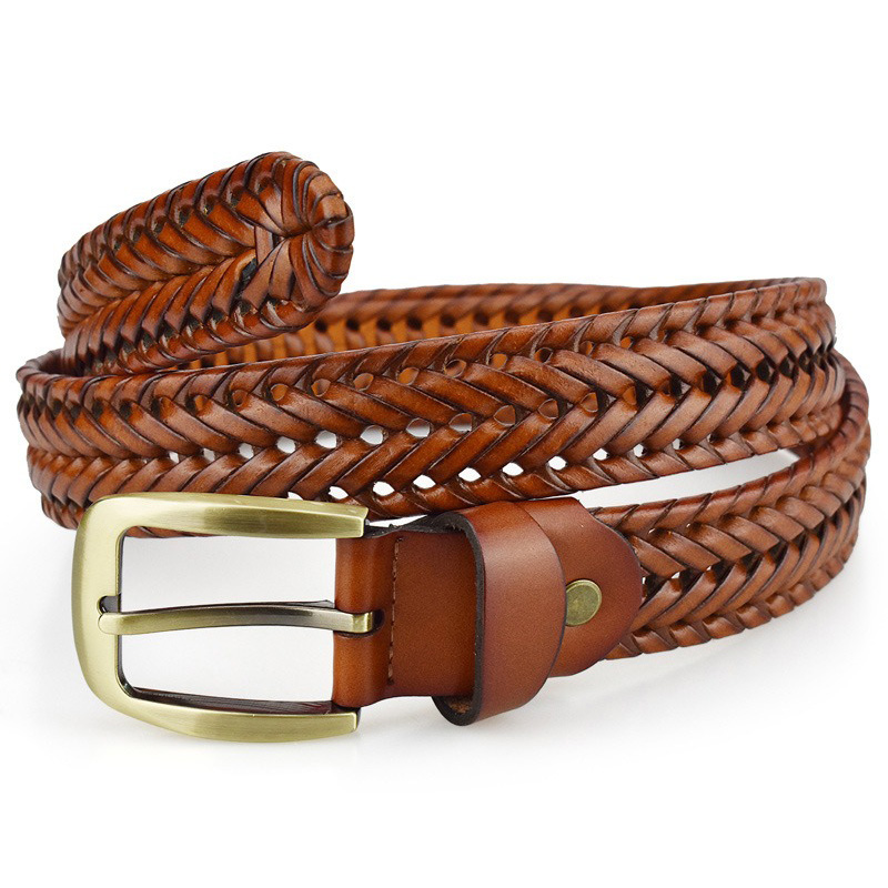Braided leather belt for men and women in rich brown, featuring a stylish metal buckle for a casual look.