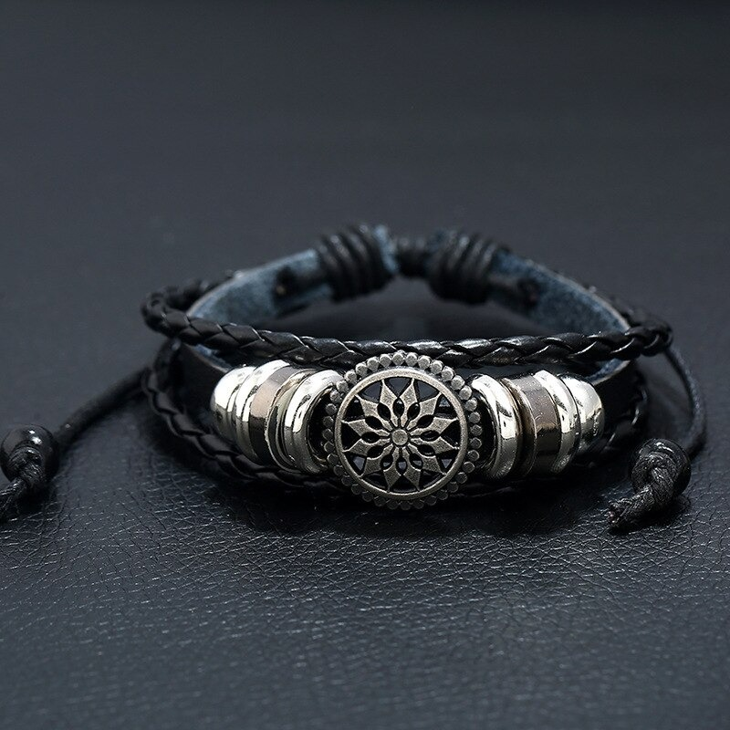 Braided Bracelet with Sun Flower / Gothic Adjustable Leather Bracelets - HARD'N'HEAVY