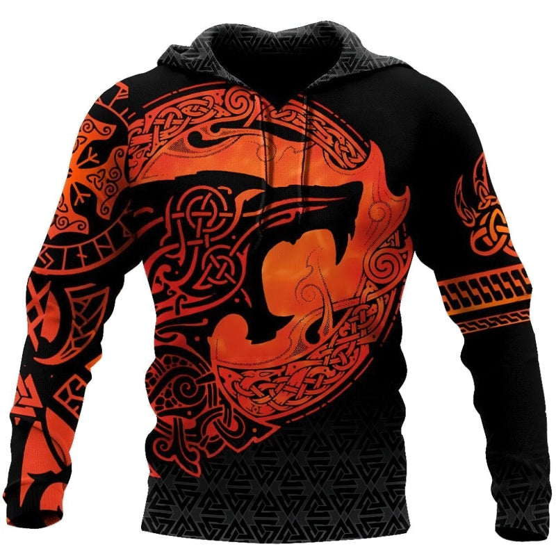 Fenrir Viking 3D printed hoodie, perfect alternative style fashion top for men and women, featuring bold orange designs.