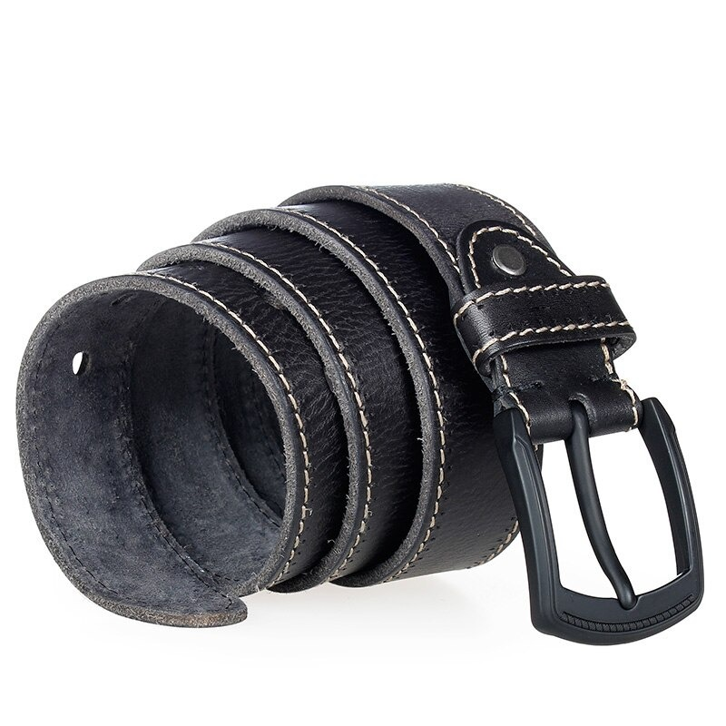 Stylish black genuine leather belt with matte black pin buckle, showcasing vintage casual design for men.