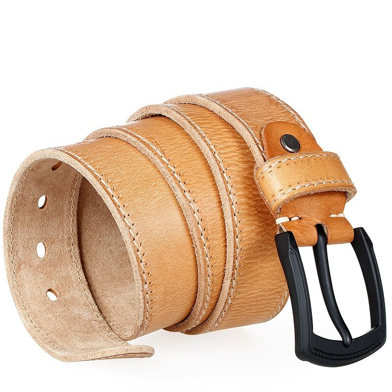 Stylish men’s genuine leather belt in tan with matte black pin buckle, perfect for a casual vintage look.