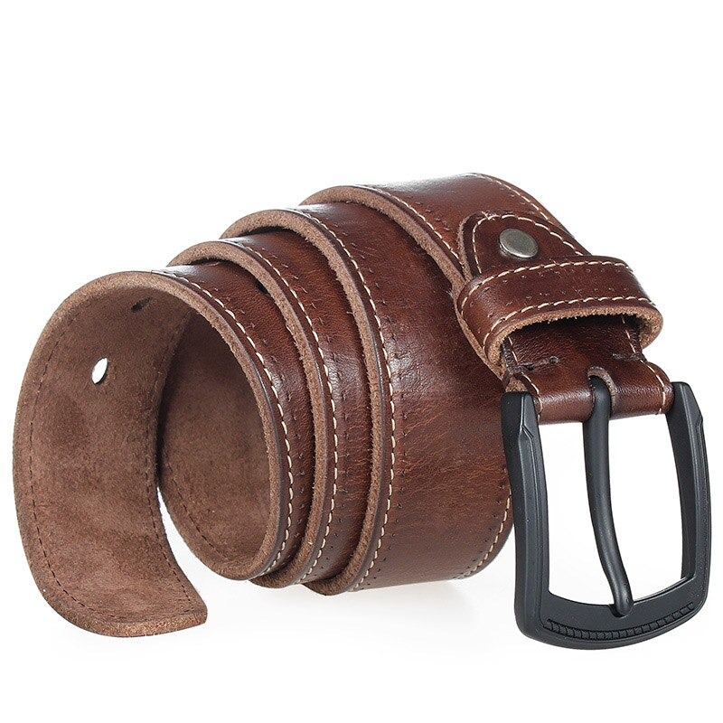 Brown genuine leather belt with a matte black pin buckle, perfect for casual men's outfits.