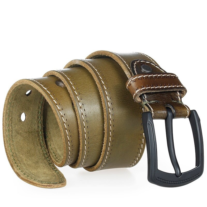 Elegant male genuine leather belt in olive green with matte black pin buckle for casual styling.
