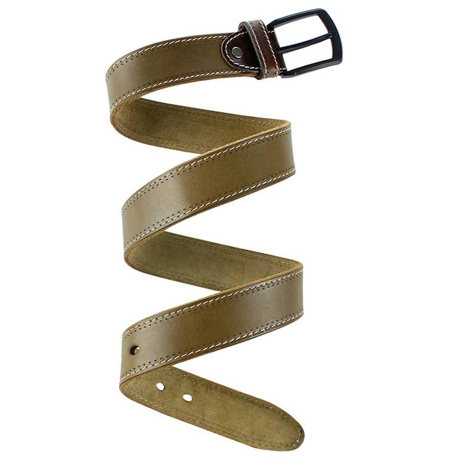 Twisted male genuine leather belt in olive green with a matte black pin buckle, showcasing casual elegance.