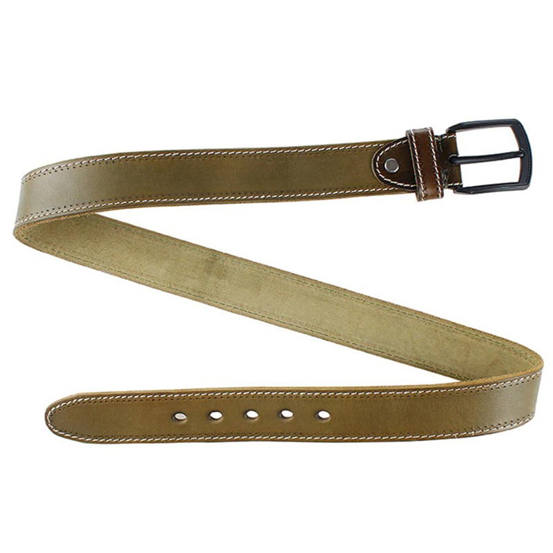 Genuine leather men's belt in olive green with a matte black pin buckle, perfect for casual outfits and solid waist emphasis.