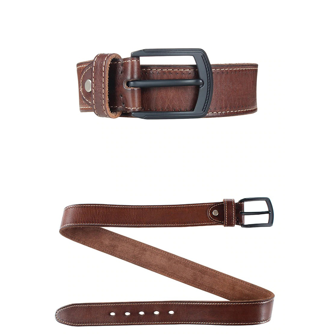 Genuine leather men's belt in brown with matte black pin buckle, perfect for casual outfits.