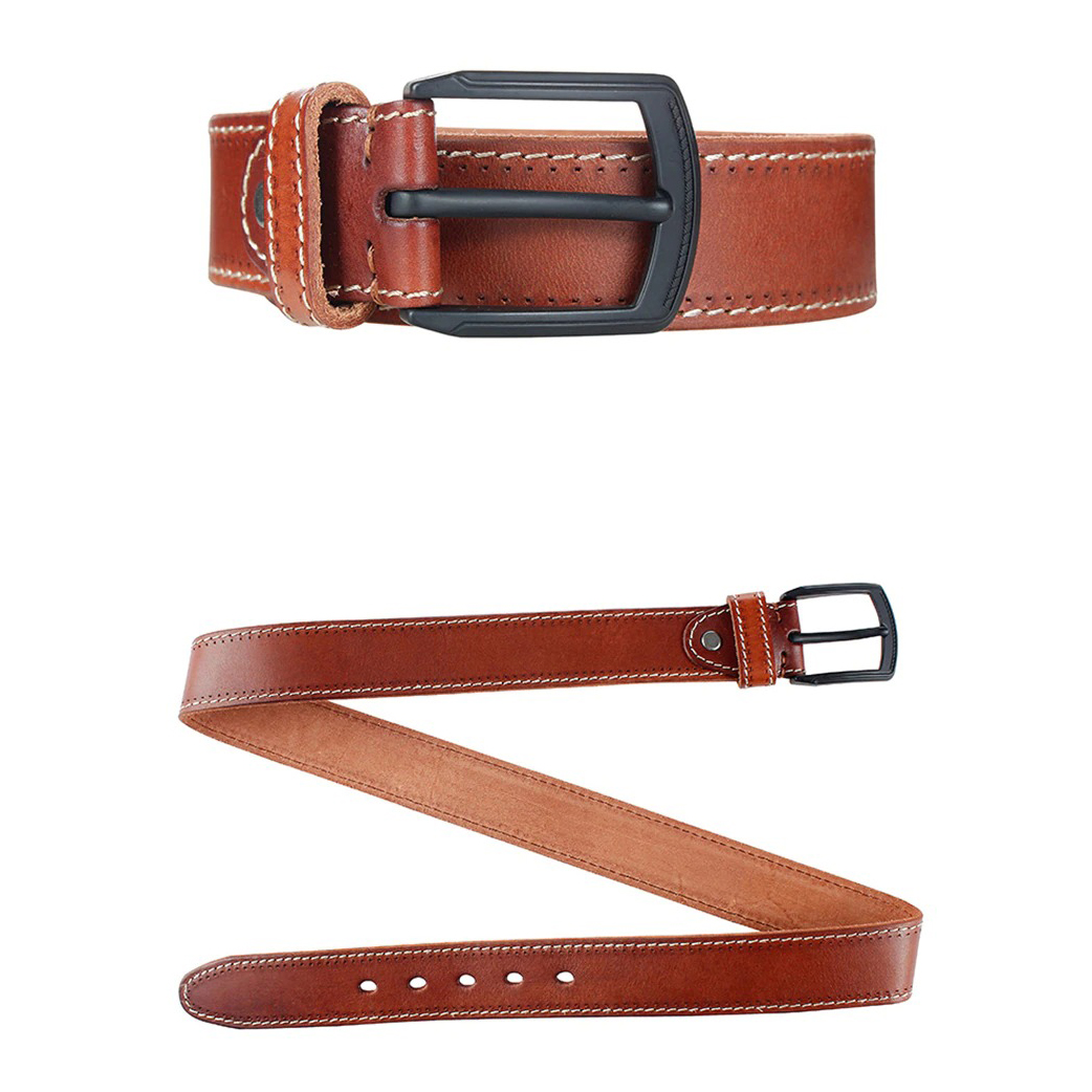 Elegant genuine leather belt for men with matte black pin buckle in warm brown color.