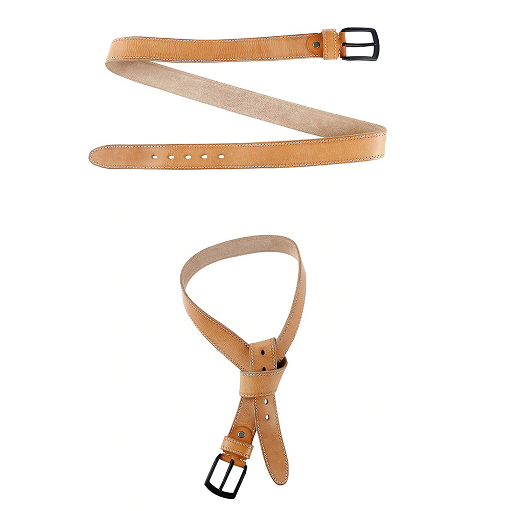 Elegant male genuine leather belt in tan color with a matte black pin buckle.