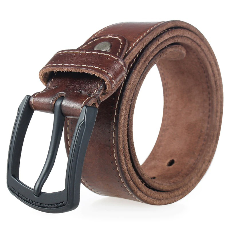 Genuine leather men's belt in brown with matte black metal pin buckle, stylish casual accessory for fashion-forward men.
