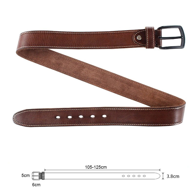 Elegant brown leather belt with matte black buckle and size dimensions, perfect for casual men's outfits.