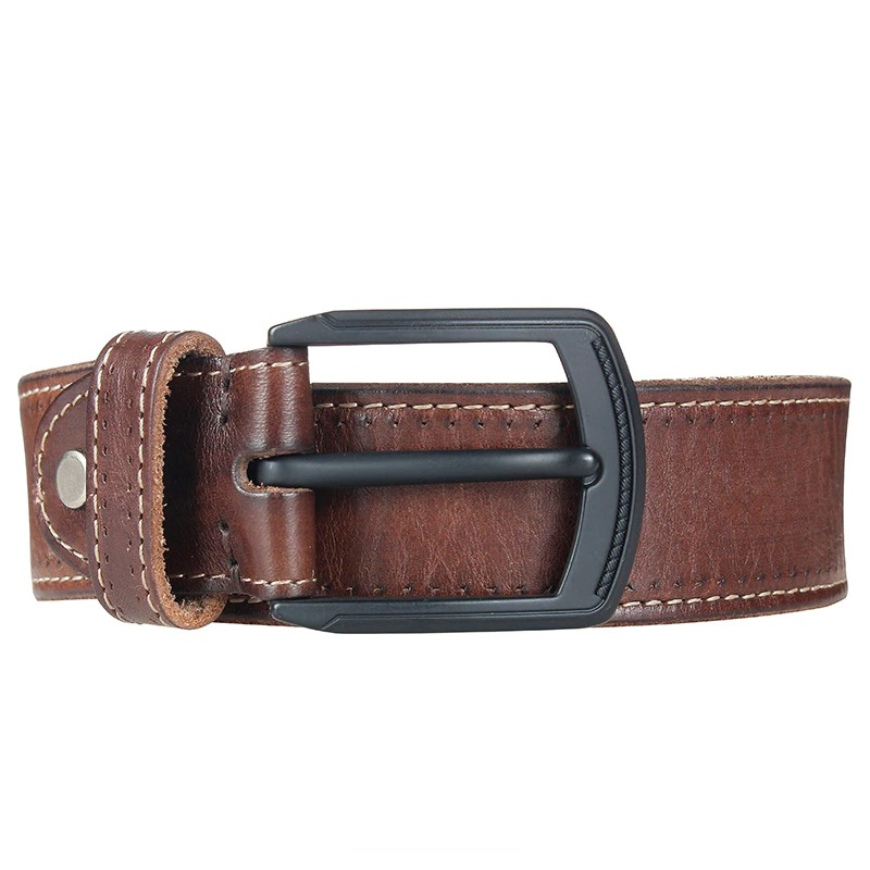 Brown genuine leather belt with a matte black metal pin buckle, perfect for a vintage casual style.