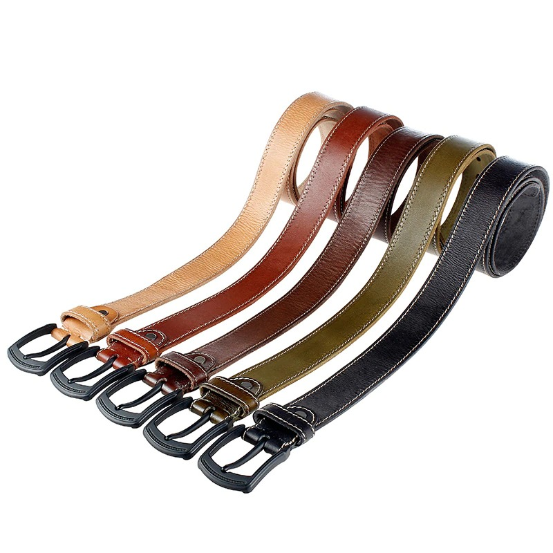 Collection of men's genuine leather belts in various colors featuring matte black pin buckles.