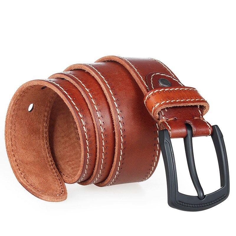 Elegant men's genuine leather belt in rich brown with a matte black pin buckle, perfect for a casual or vintage look.