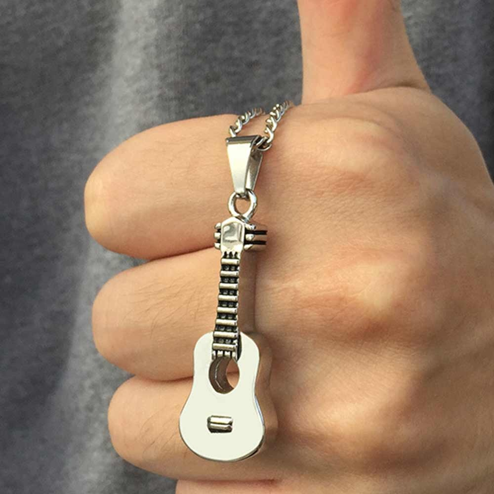 Stainless steel necklace with a guitar pendant, stylish casual jewelry perfect for music lovers.
