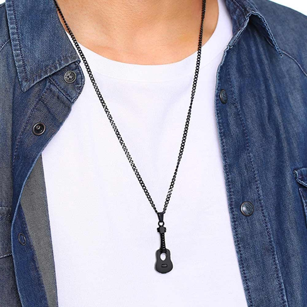 Casual stainless steel necklace with guitar pendant, perfect for everyday outfits and music lovers.
