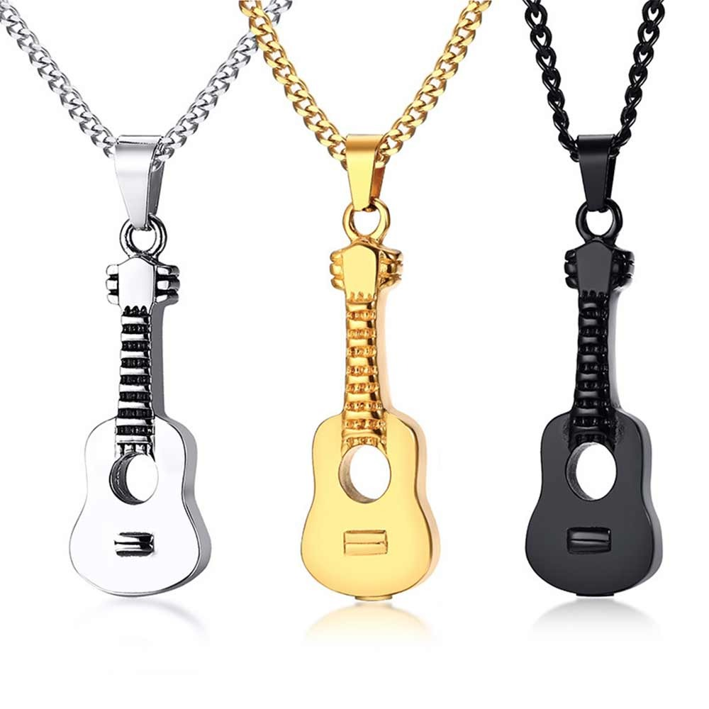Stylish stainless steel necklace with guitar pendant in silver, gold, and black. Perfect casual jewelry for music lovers.