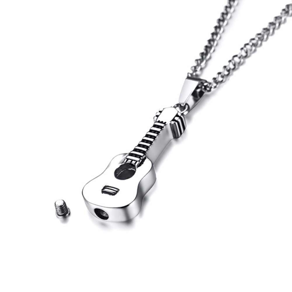 Stylish stainless steel necklace featuring a guitar pendant and openable design for ashes storage.