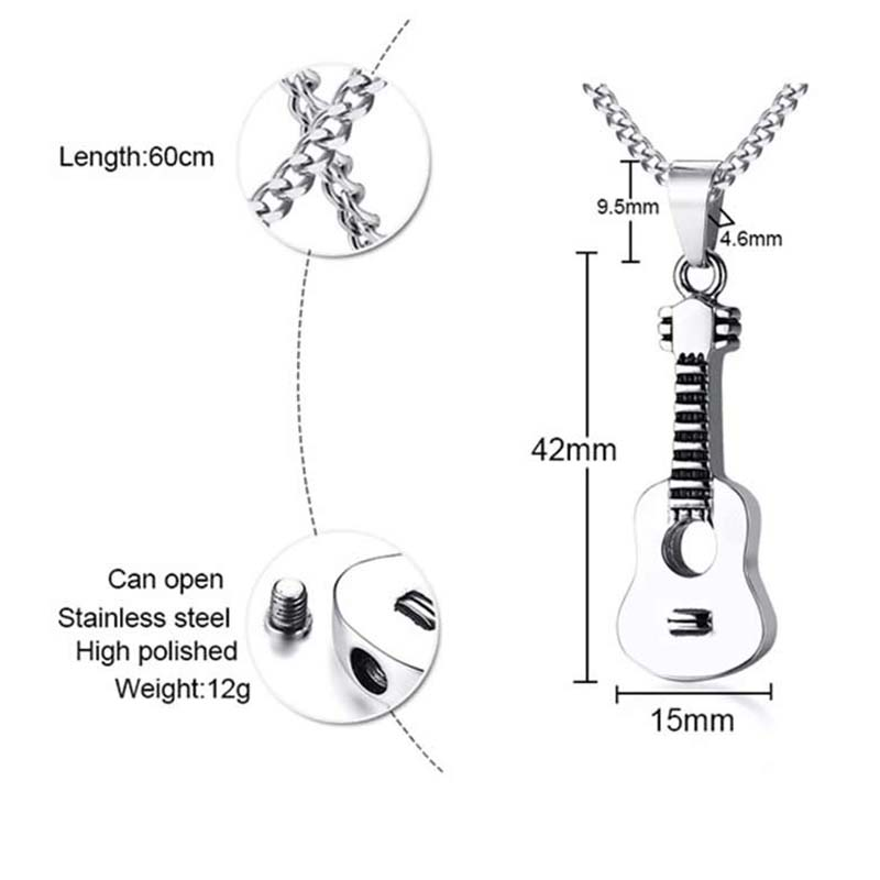 Brand stainless steel necklace with openable guitar pendant, 60cm chain, high polished, perfect for casual outfits.